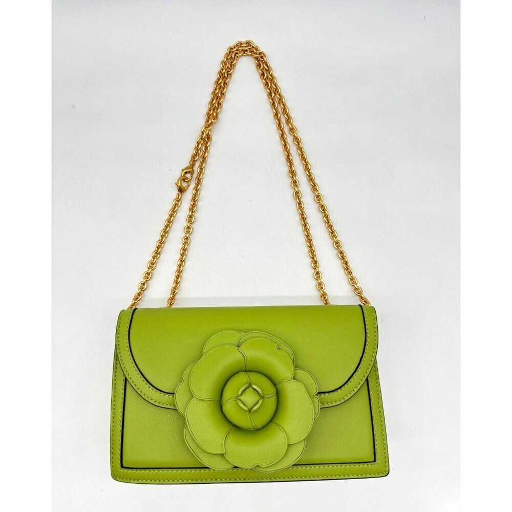 OSCAR DE LA RENTA Tro Nappa leather gardenia applique shoulder crossbody -GREEN